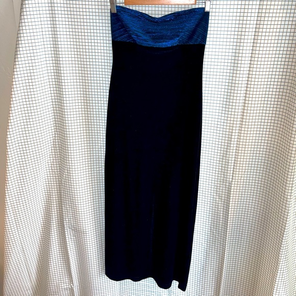 Vintage All That Jazz SML 90s Black Velour Blue Strapless Dress w High Slit💦🔥 - Picture 2 of 13